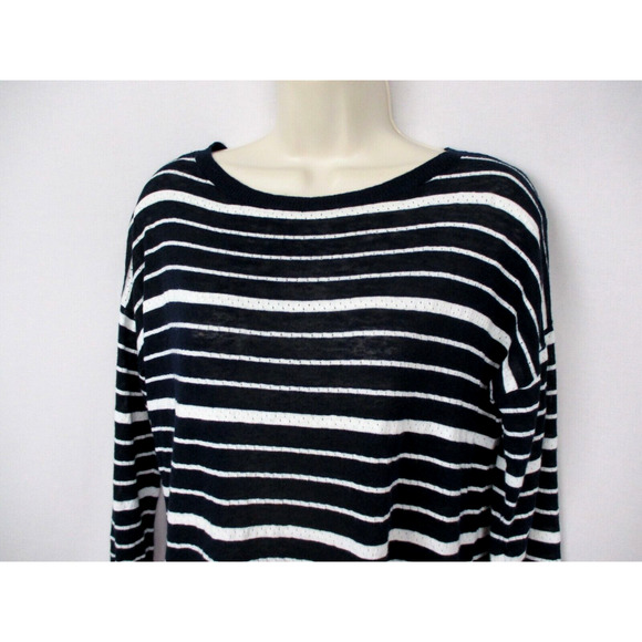 Talbots Linen Blend Sweater Womens Medium Striped Navy Blue White Nautical Light - Picture 2 of 14